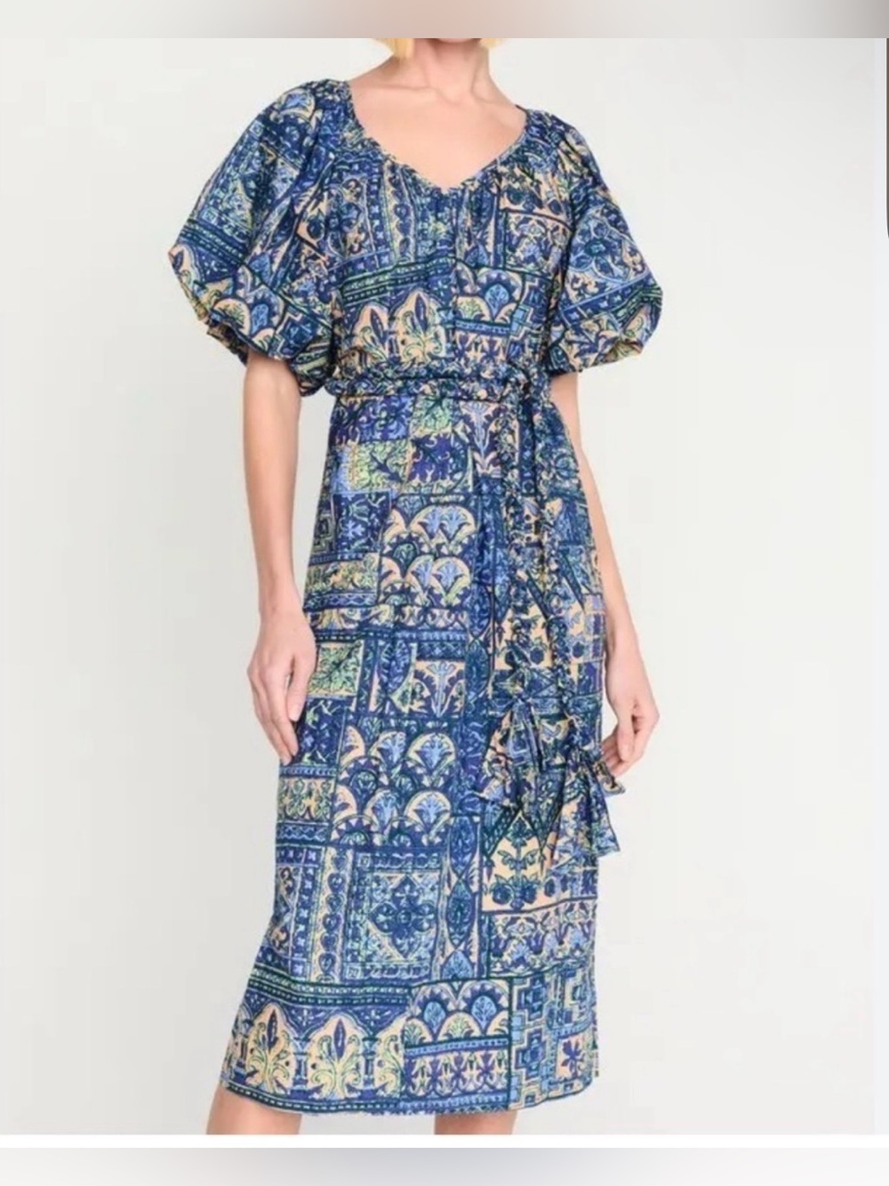 Marie Oliver Foster Blue yellow Patterned Midi Dress with Belt NEW NWT SMALL